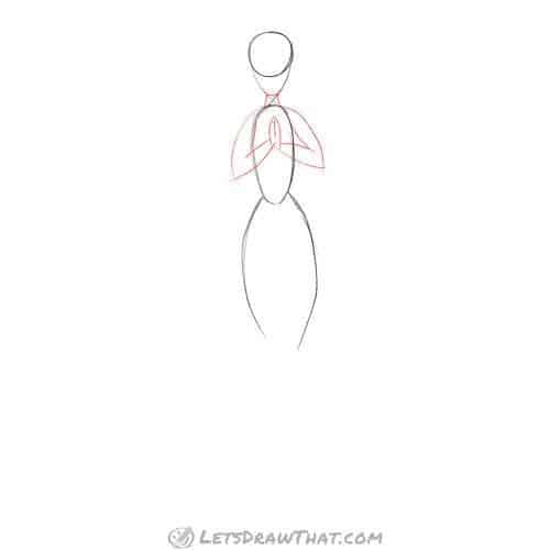 Drawing step: Sketch the neck, arms and hands