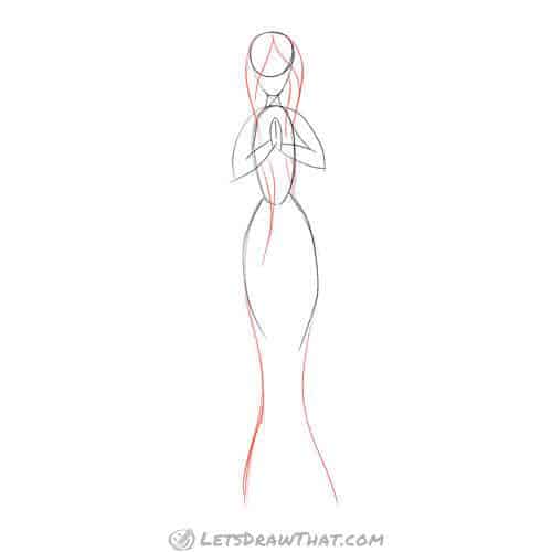 Drawing step: Sketch the hair and skirt