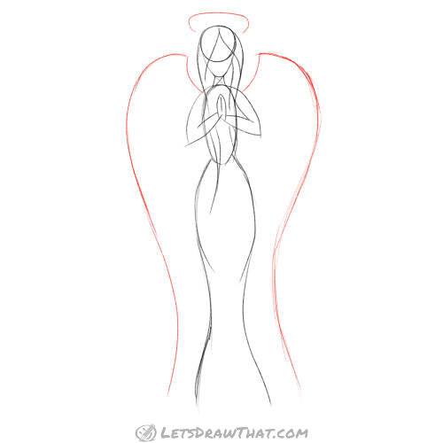 Drawing step: Sketch the halo and wings