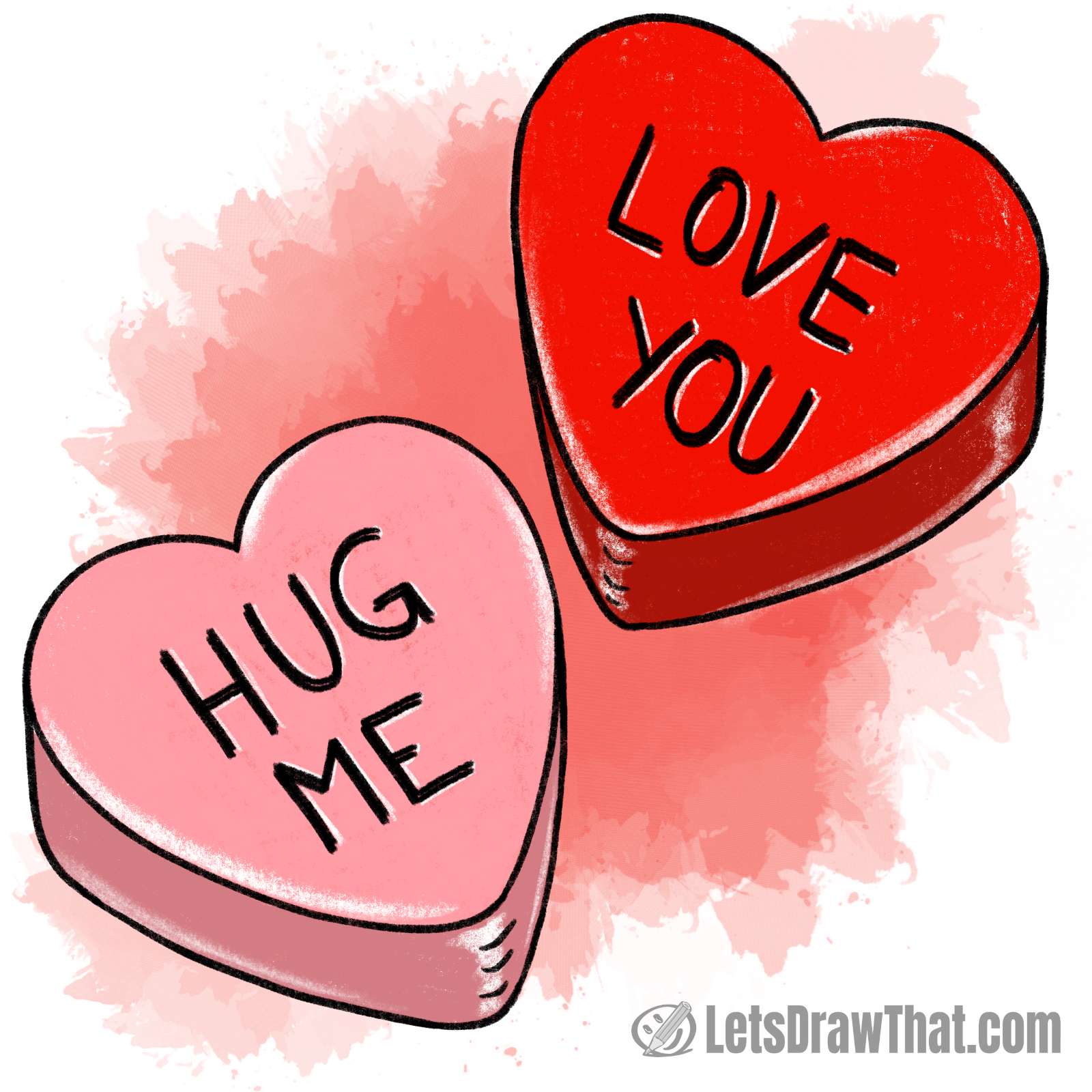 Candy heart drawing: finished drawing colored-in