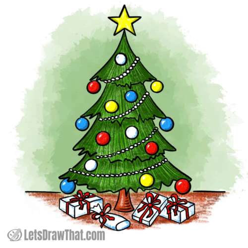 Christmas tree drawing coloured-in