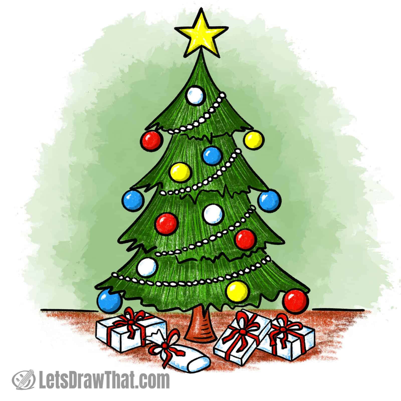 Christmas tree drawing coloured-in