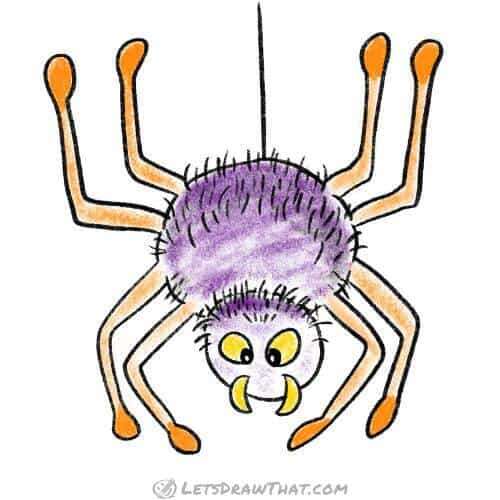 How to draw a cartoon spider: finished drawing coloured-in