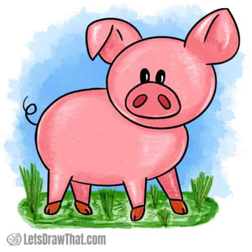 Easy pig drawing coloured-in