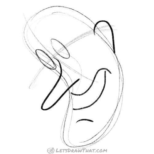 Drawing step: Sketch the eyes, nose, mouth and ear