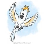 How to draw a bird: finished parrot drawing coloured-in as sulphur-crested cockatoo