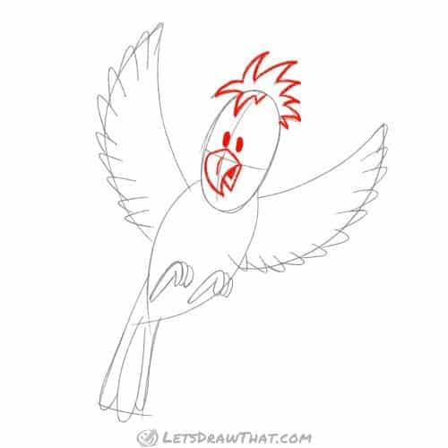 Drawing step: Draw the bird's face and hair