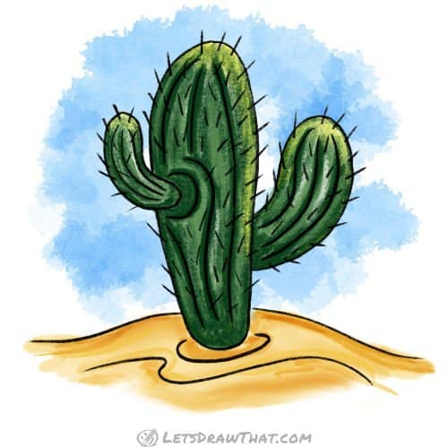 How to draw a cactus: finished drawing coloured-in