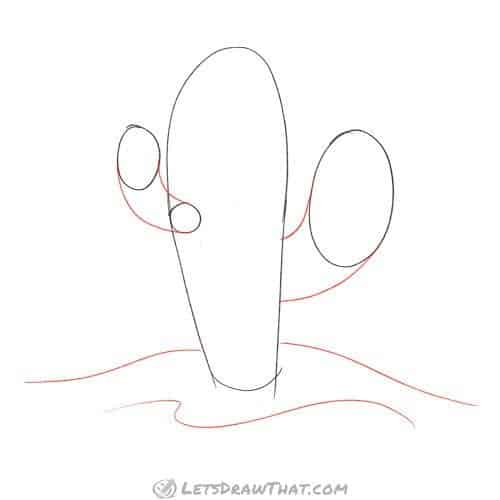 Drawing step: Sketch the cactus "arms" and some ground