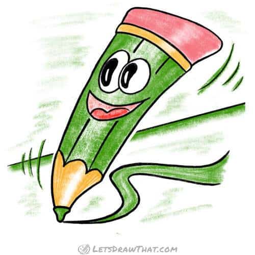 How to draw a cartoon pencil: finished drawing coloured-in