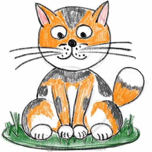How to draw a cat using circles: finished coloured-in drawing