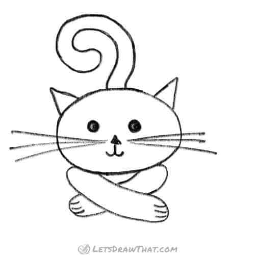 How to draw a cat with only three ovals: finished outline drawing