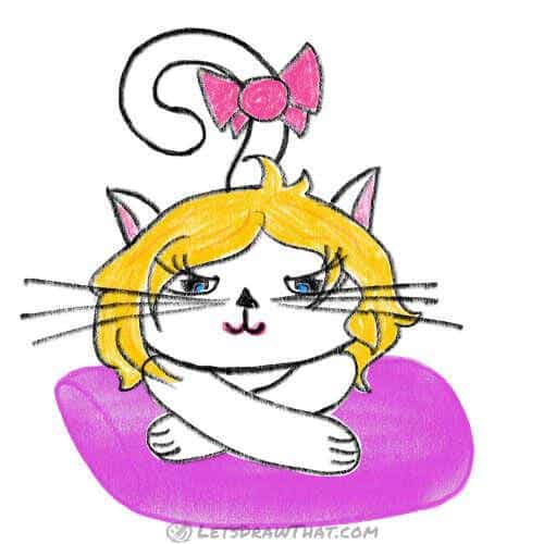 How to draw a cat with only three ovals: finished drawing coloured-in - pretty cat