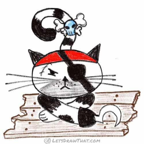 How to draw a cat with only three ovals: finished drawing coloured-in - pirate cat