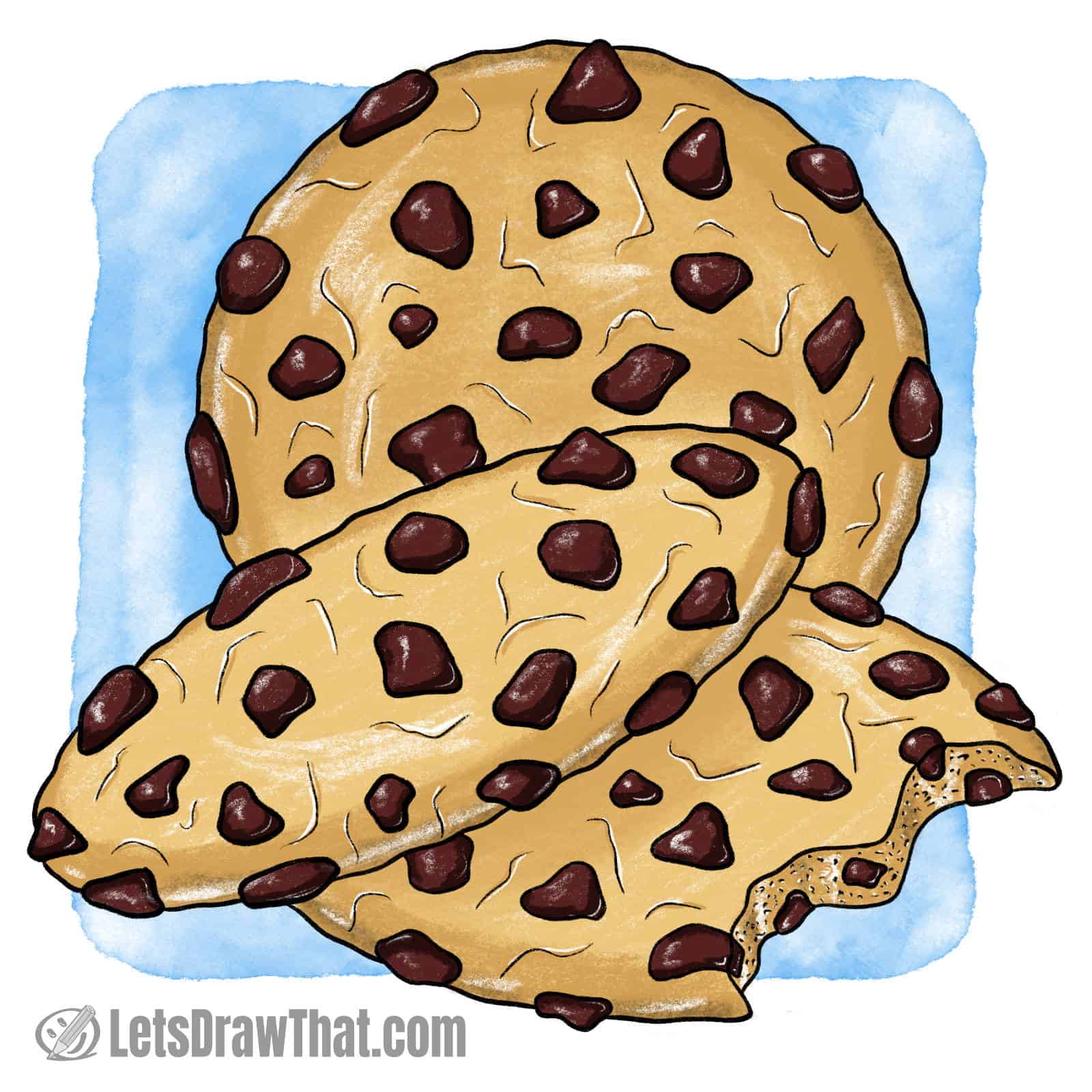 How to draw a pile of cookies: finished drawing coloured-in
