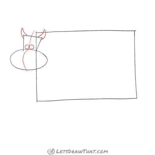 Drawing step: Draw the cow's eyes and horns