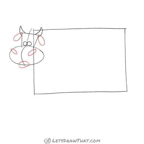 Drawing step: Draw the cow's ears, nostrils and mouth