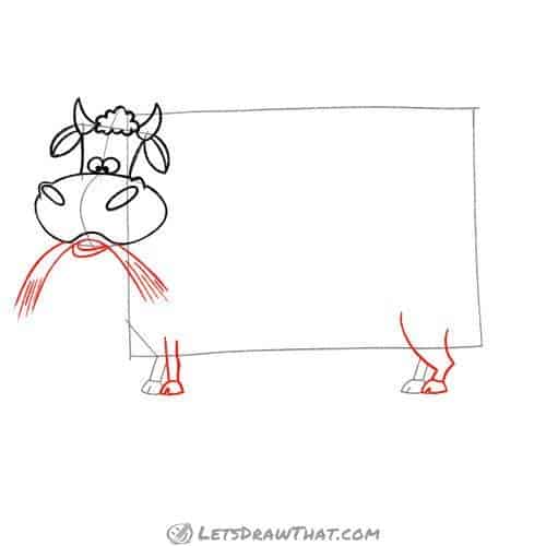 Drawing step: Draw the cow's mouth and legs