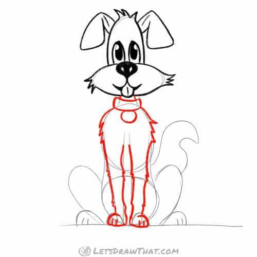 Drawing step: Draw the dog's front legs and paws