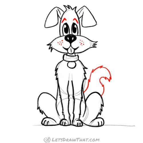 Drawing step: Draw the dog's tail and final details