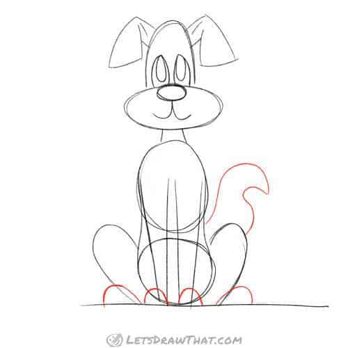 Drawing step: Draw the dog's paws and tail