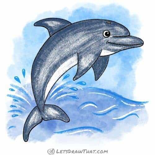 How to draw a dolphin: finished drawing coloured-in