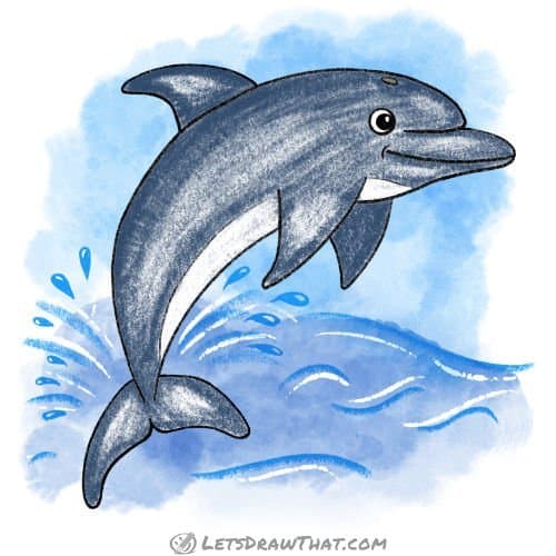 How to draw a dolphin: finished drawing coloured-in
