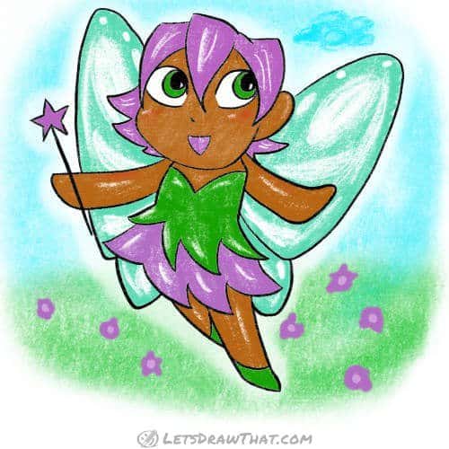 How to draw a fairy: finished drawing coloured-in purple and turquoise