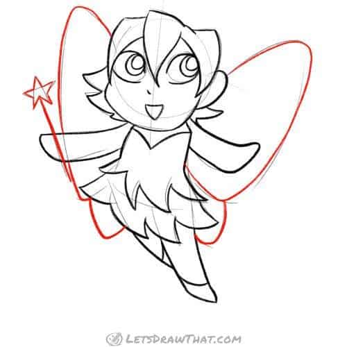 Drawing step: Outline the wings and wand