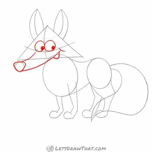 Drawing step: Draw the fox's nose and face