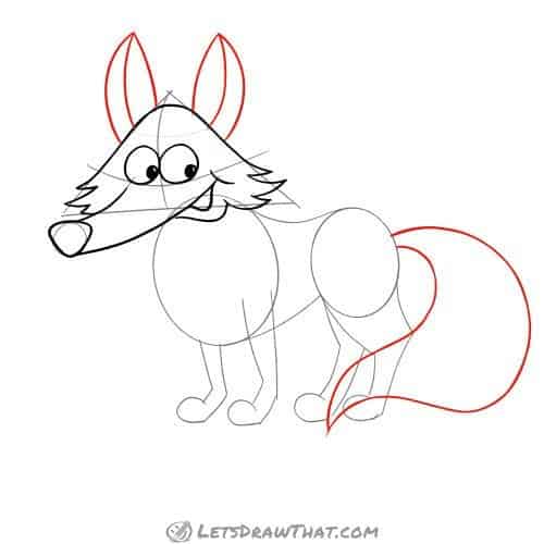 Drawing step: Draw the fox's ears and tail
