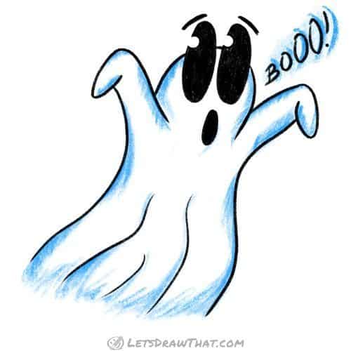How to draw a ghost: finished drawing coloured-in