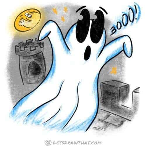 How to draw a ghost: finished drawing coloured-in with a castle background