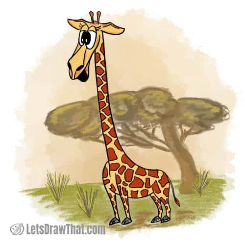 How to draw a giraffe: finished drawing coloured-in
