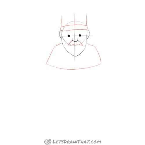 Drawing step: Sketch the king's crown, cape, and moustache