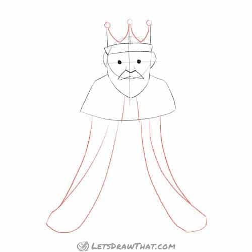 Drawing step: Add detail to the king's crown and draw the cape
