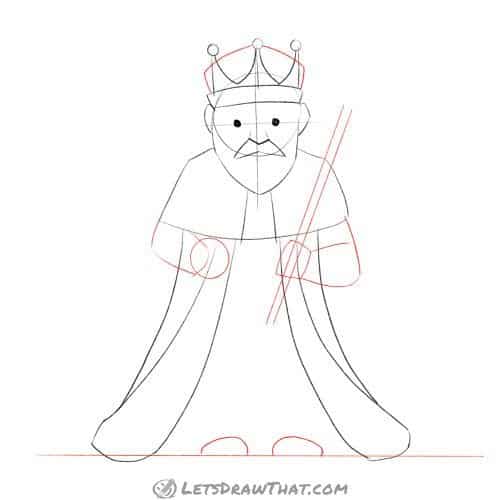 Drawing step: Sketch in the king's arms, add legs, and finish the crown