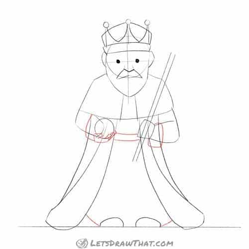 Drawing step: Add details to the king's hand and robes.