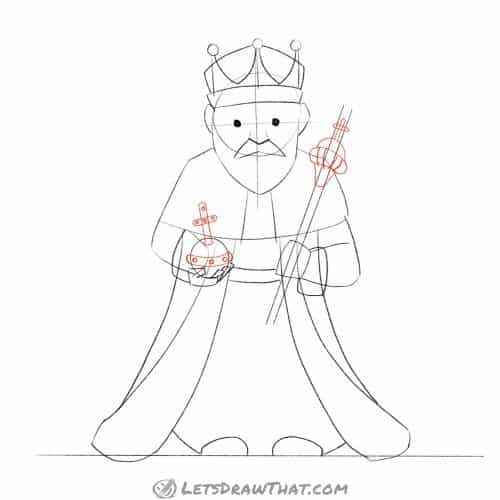 Drawing step: Add details to the globe and sceptre