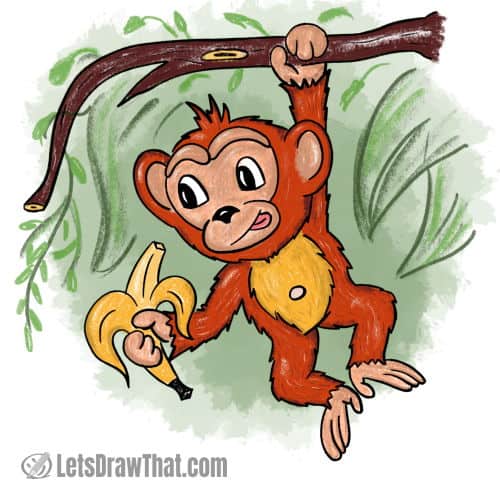 How to draw a monkey: finished drawing coloured-in
