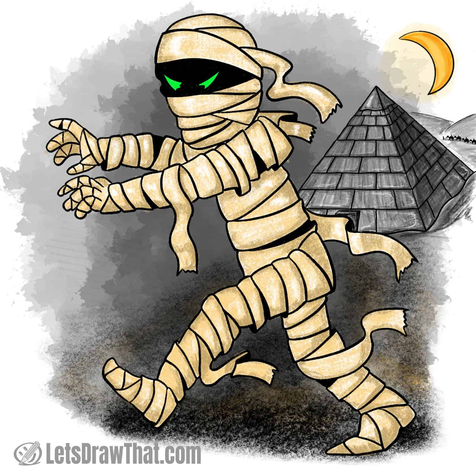 How to draw a mummy: finished mummy drawing coloured-in
