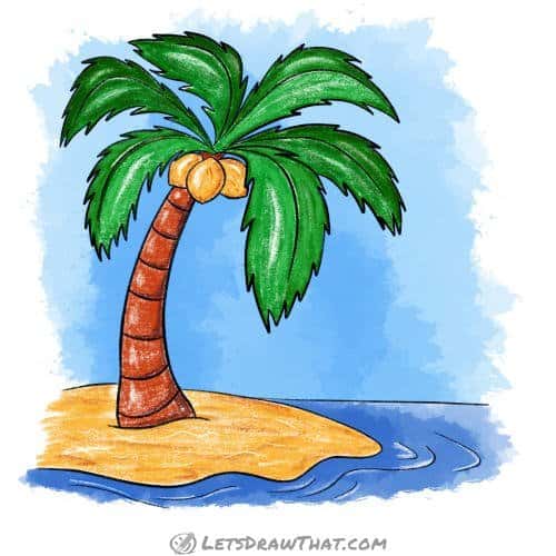 How to draw a palm tree: finished drawing coloured-in