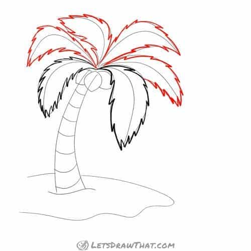 Drawing step: Finish drawing the remaining palm leaves