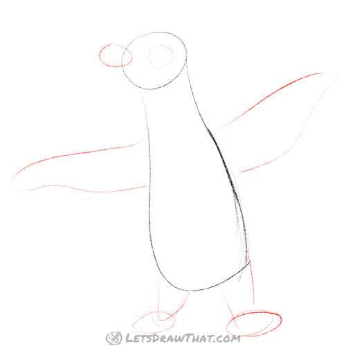 Drawing step: Sketch penguin’s wings, feet and beak