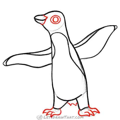 Drawing step: Draw in details – eye, beak, feet and tail
