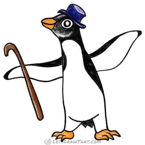How to draw an adult penguin: finished drawing coloured-in plus some fun