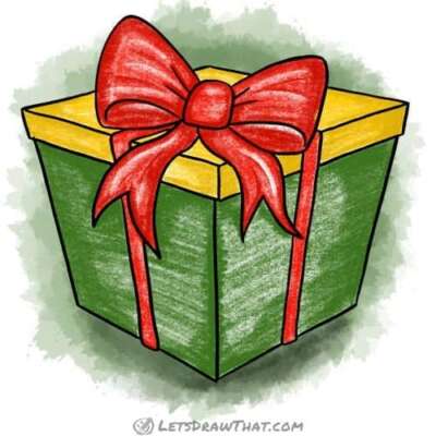 How to draw a present: finished drawing coloured-in