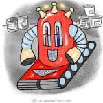How to draw a robot: finished round robot drawing coloured-in
