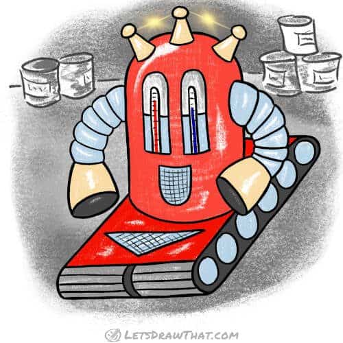 How to draw a robot: finished round robot drawing coloured-in