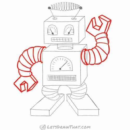Drawing step: Outline the robot’s arms and hands